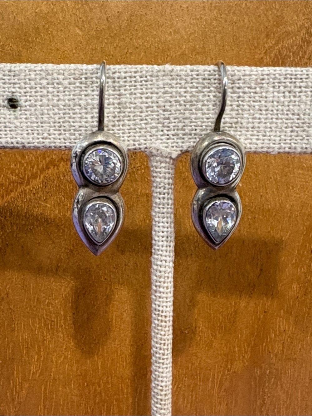Sterling Silver CZ Teardrop & Round Drop Earrings - Silver